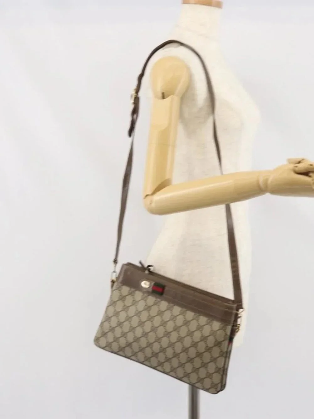 GUCCI GG Supreme Web Sherry Line Bag PVC Beige Gold 96 02 035 Auth 170489